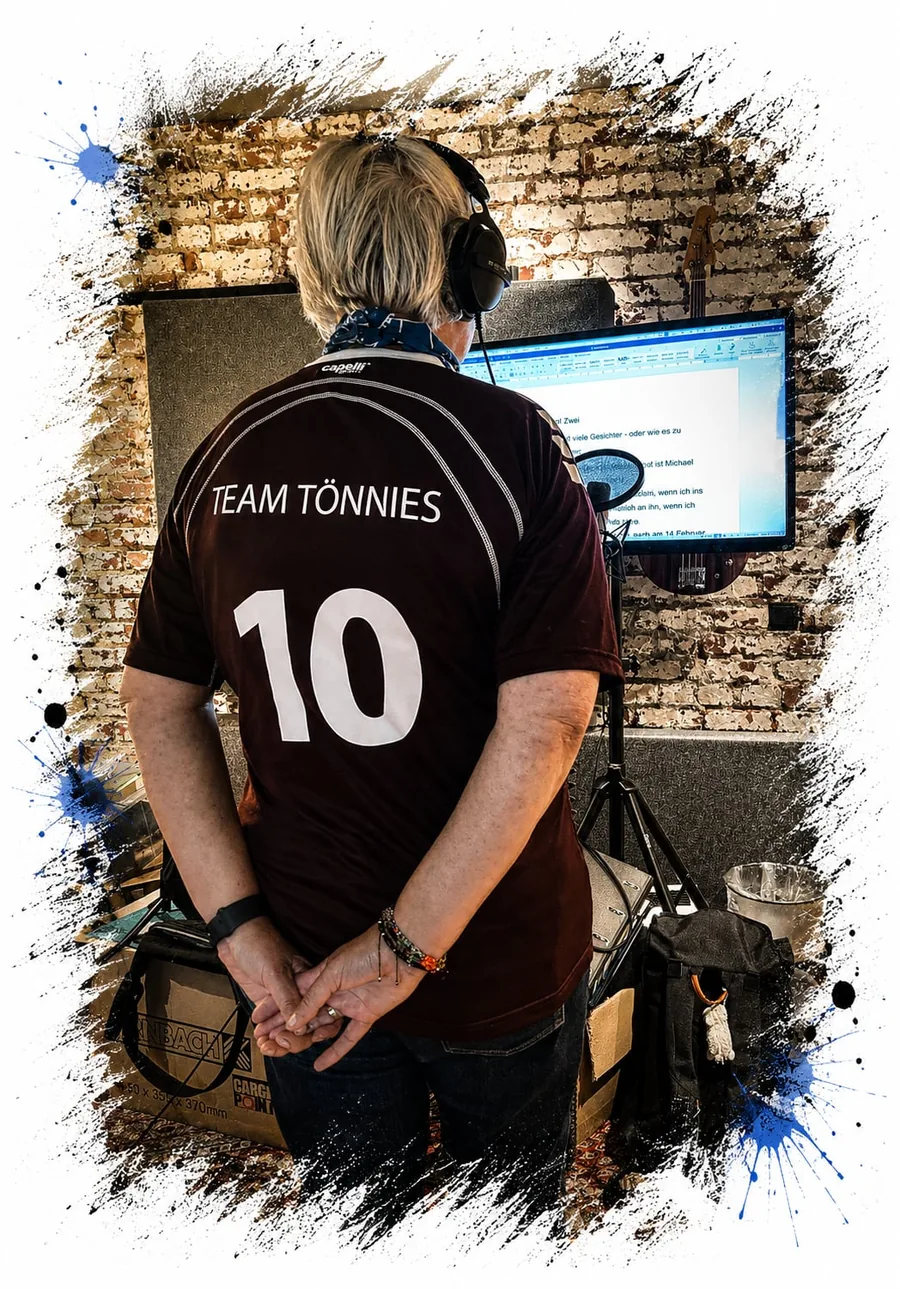 Nicki Beaujean von hinten im weinroten Trikot mit der Aufschrift Team Tönnies 10, Kopfhörer auf, vor dem Bildschirm mit dem Text